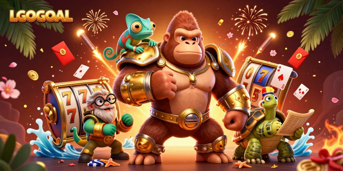 Spin the reels and win big at LGOGOAL, featuring a regal gorilla, colorful chameleon, and wise tortoise.