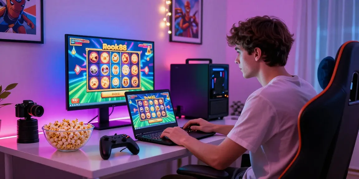 Engaging in rokok88 slot gameplay at home with vibrant lighting and gaming accessories.