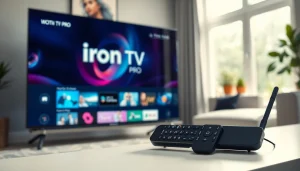 Engaging display of "iron tv pro" streaming setup showcasing a modern living room.