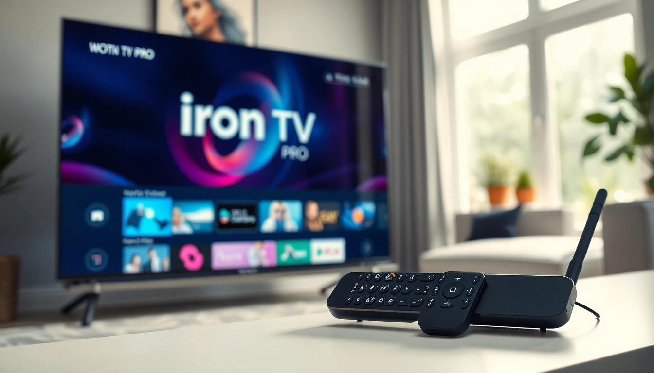 Engaging display of "iron tv pro" streaming setup showcasing a modern living room.