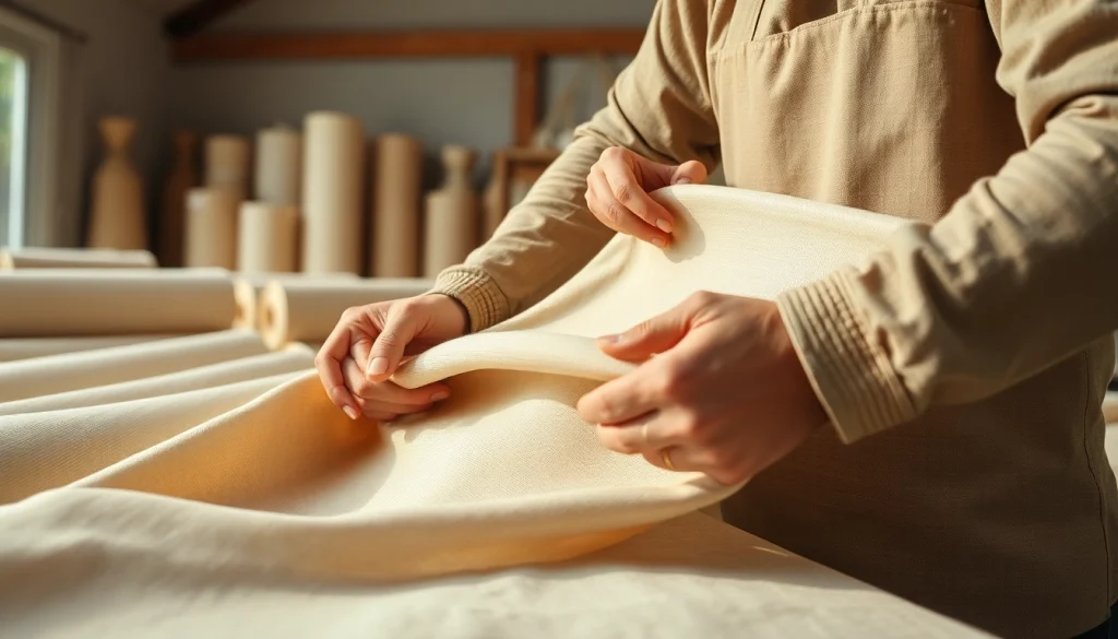 Manipulating ongebleekt katoen in een heldere werkplaats met authentieke textuur.