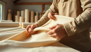 Manipulating ongebleekt katoen in een heldere werkplaats met authentieke textuur.