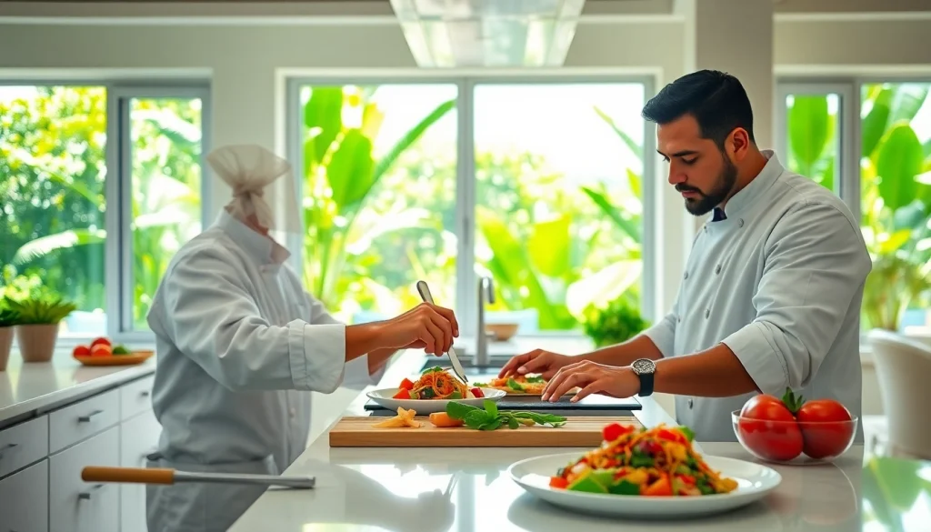 Private chef St Martin creating a gourmet dish in a stunning villa kitchen with fresh, tropical ingredients.