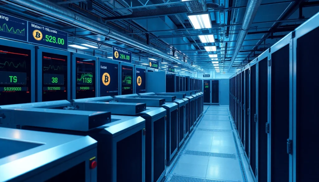 Bitcoin cloud mining facility with advanced rigs and digital displays.