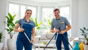 Showcasing a professional Cleaning Service team in action, bright home setting with modern décor and cleaning tools.
