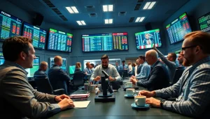 Engaged bettors strategizing at a bookmaker's desk reflecting https://mm88bc.com/ during an exciting sports event.