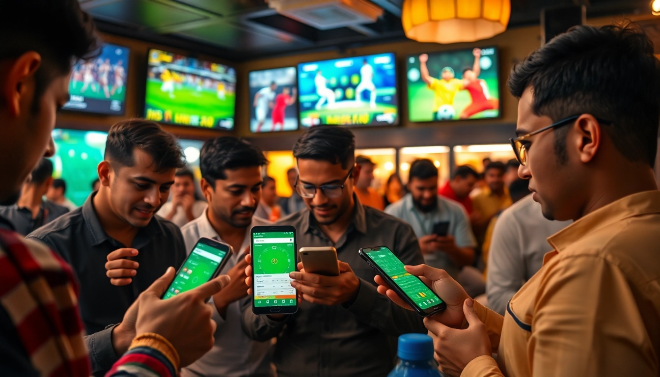 Engaging scene showcasing best sports betting apps India on smartphones in a lively atmosphere.