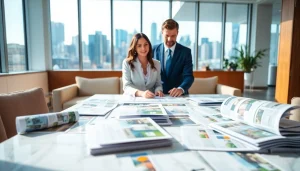 Real Estate agent discussing listings in a modern office environment with engaging ambiance.