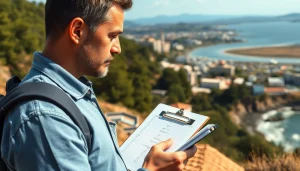 Location scouting professional examining diverse filming locations with a clipboard.