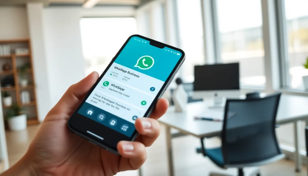 Engaging smartphone showcasing WhatsApp Business API features in a modern workspace.