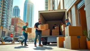 Experienced Toronto moving company team efficiently packing boxes and furniture in an urban setting.