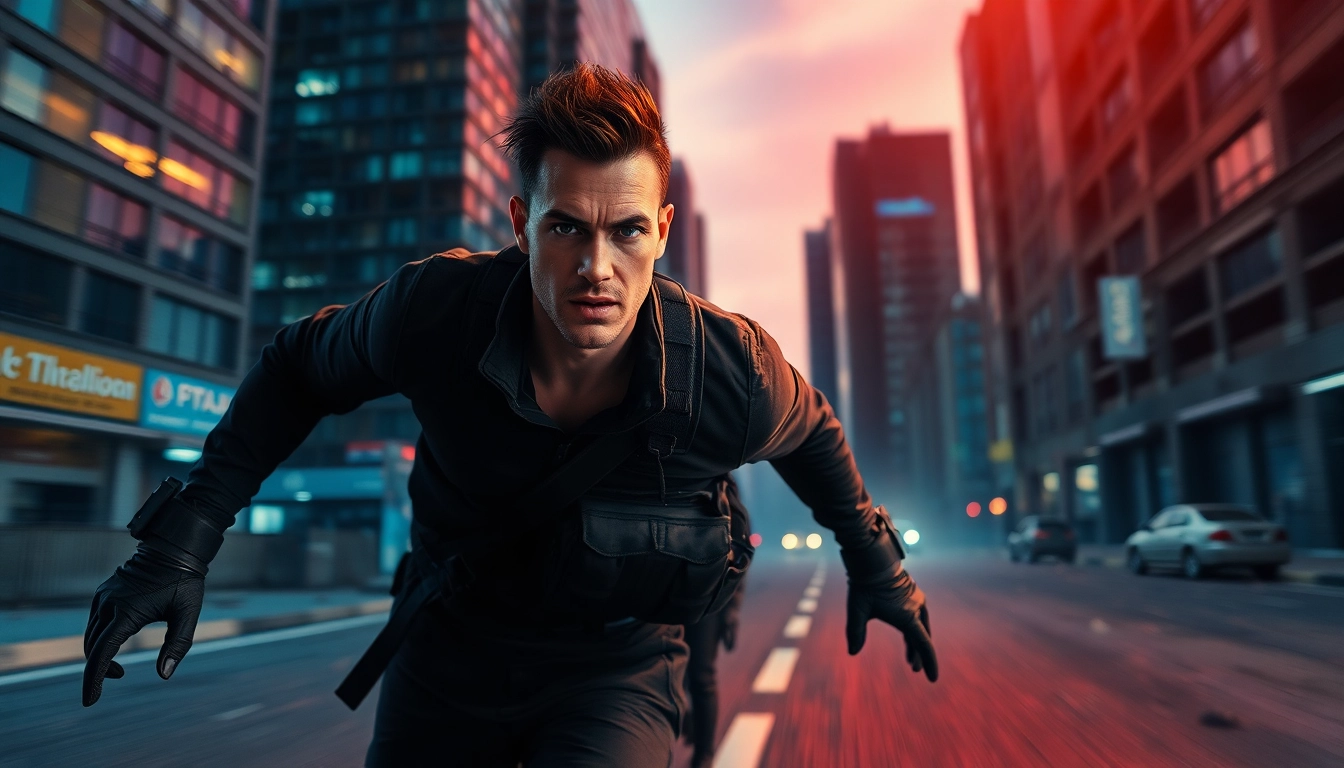 Experience the thrill of Clean action thriller with a dynamic character in motion against a dramatic city backdrop.