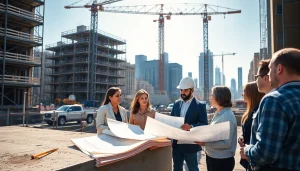 Manhattan Commercial General Contractor supervises a dynamic construction site, highlighting teamwork and urban energy.