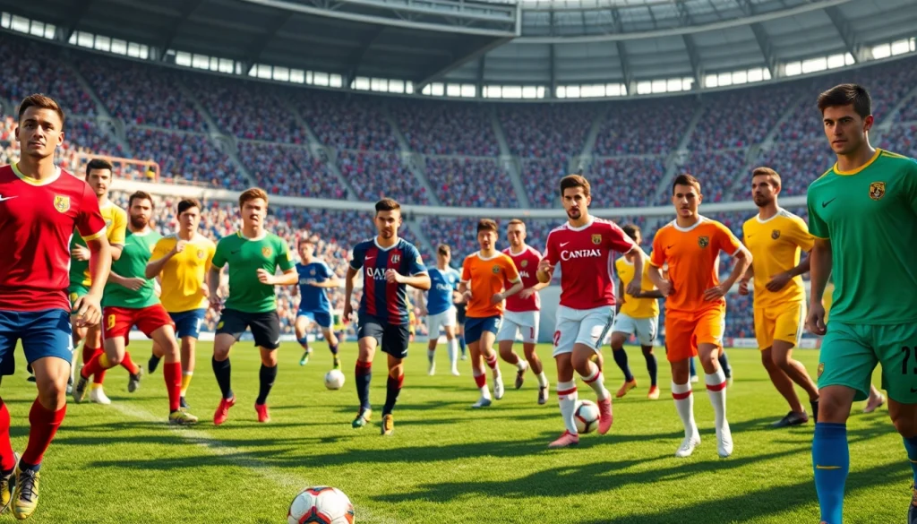 Showcasing team football kits on players in action, highlighting vibrant colors and diverse styles.