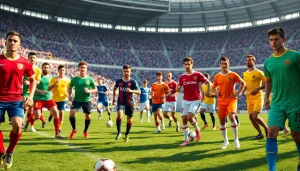 Showcasing team football kits on players in action, highlighting vibrant colors and diverse styles.