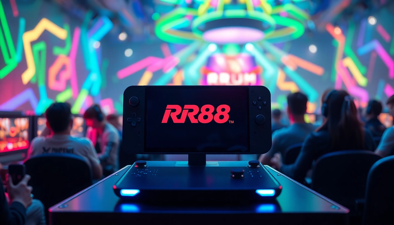 Gamers enjoying the RR88 gaming experience in an energetic, neon-lit arena.