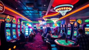 Menang di bandar toto terpercaya dengan suasana kasino yang meriah dan penuh warna.