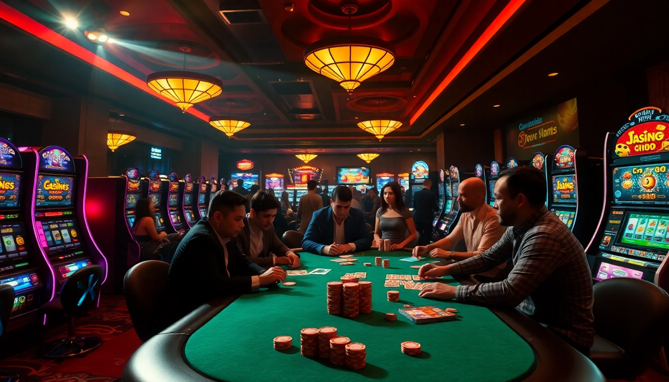 Exciting scene at nhà cái jun88 casino with players at a poker table, vibrant slot machines lighting up the atmosphere.