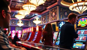 Menampilkan bandar togel resmi slot dengan pemain antusias di kasino modern yang ramai.