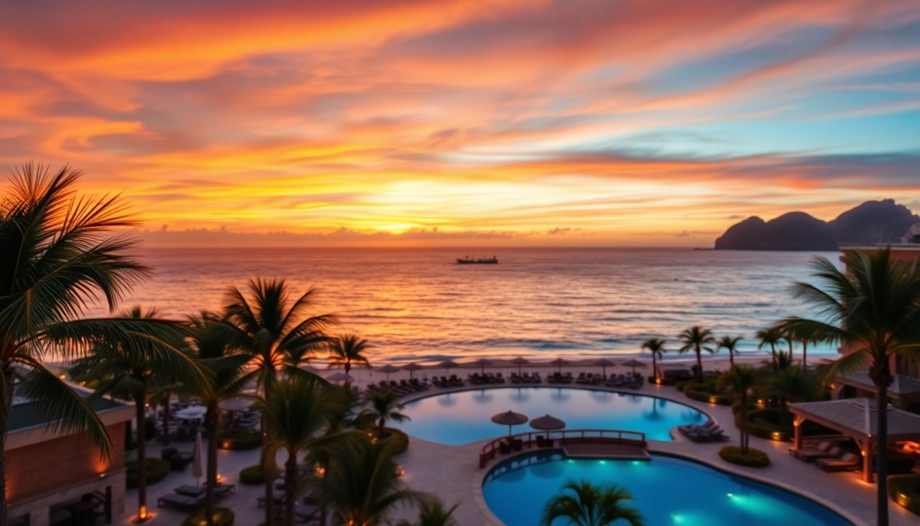 Relaxing by the luxury resort during a stunning sunset on a Luxury Cabo vacation.