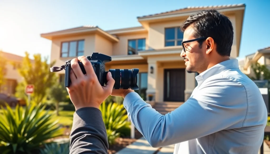 Real Estate agent captures stunning home exterior details with a professional camera in a sunny garden setting.