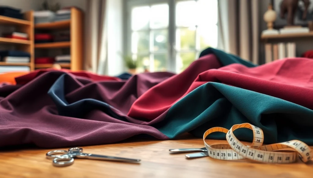 Punta di Roma stof gepresenteerd op een houten tafel met naaiaccessoires ernaast.