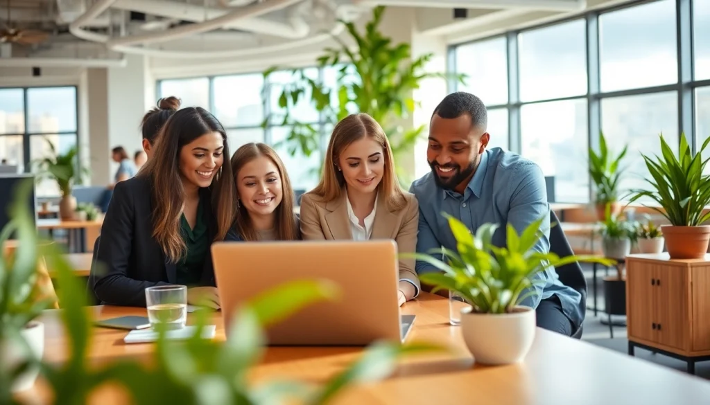 Engaged team discussing small business jobs in a modern workspace with natural light.