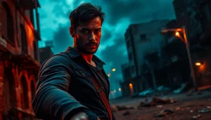 Hero confronts chaos in an urban setting, depicting themes of a Clean action thriller.