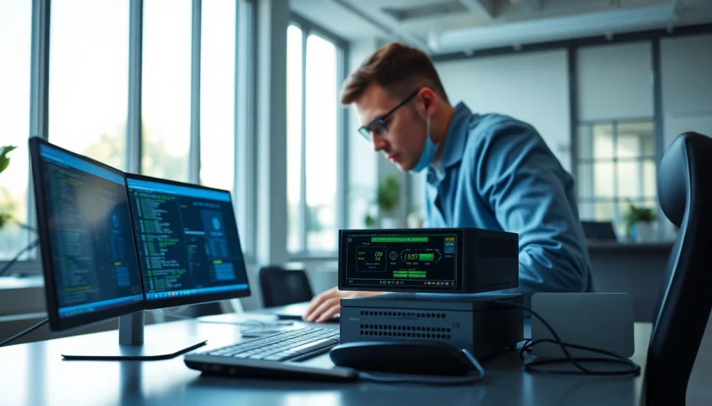 Engaging visual of remote patching and monitoring for endpoints with a technician at work.