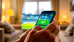 Showcase interactive best sports betting apps India on a smartphone, with engaging cricket backdrop.
