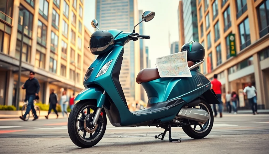 Motorroller 50ccm in urban scenery mit einem stilvollen Helm und Stadtkarte auf dem Sitz.