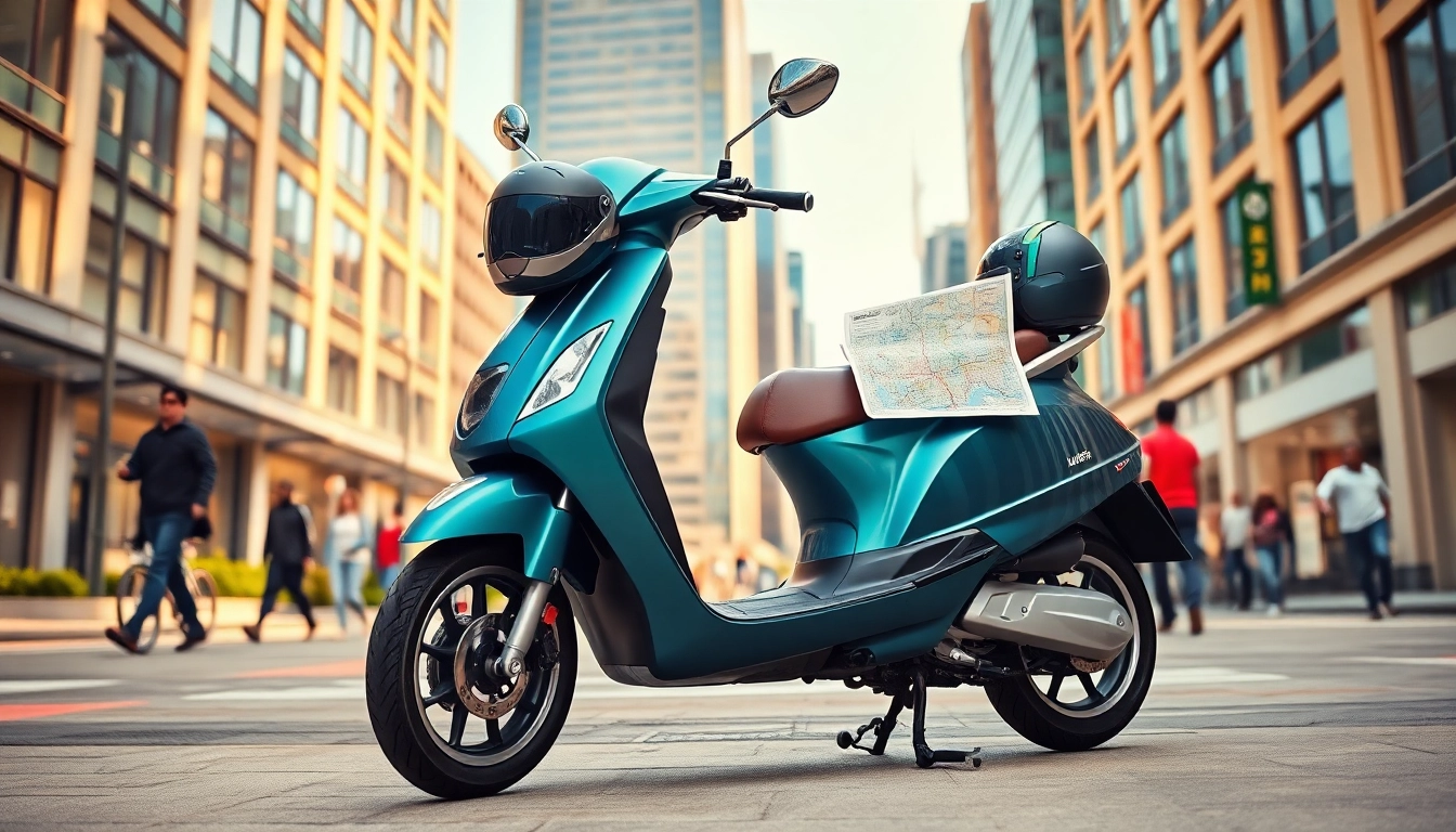 Motorroller 50ccm in urban scenery mit einem stilvollen Helm und Stadtkarte auf dem Sitz.