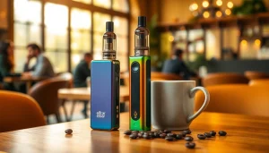 Elf bar elfa Vape in einem gemütlichen Café mit einer Tasse Kaffee, ideal für entspannte Momente.