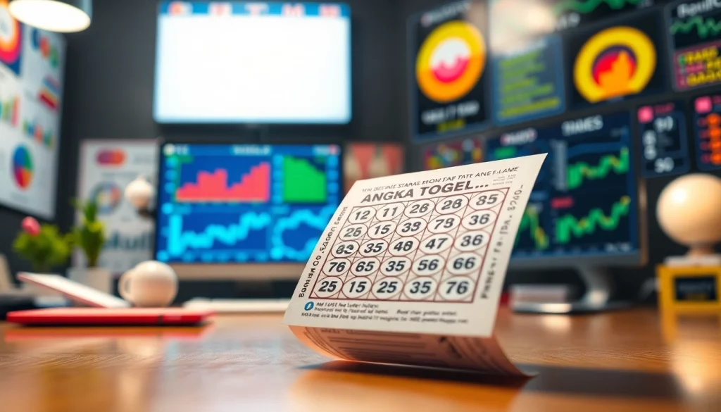 Menampilkan angka togel pada tiket lotere dalam suasana kantor yang ceria.