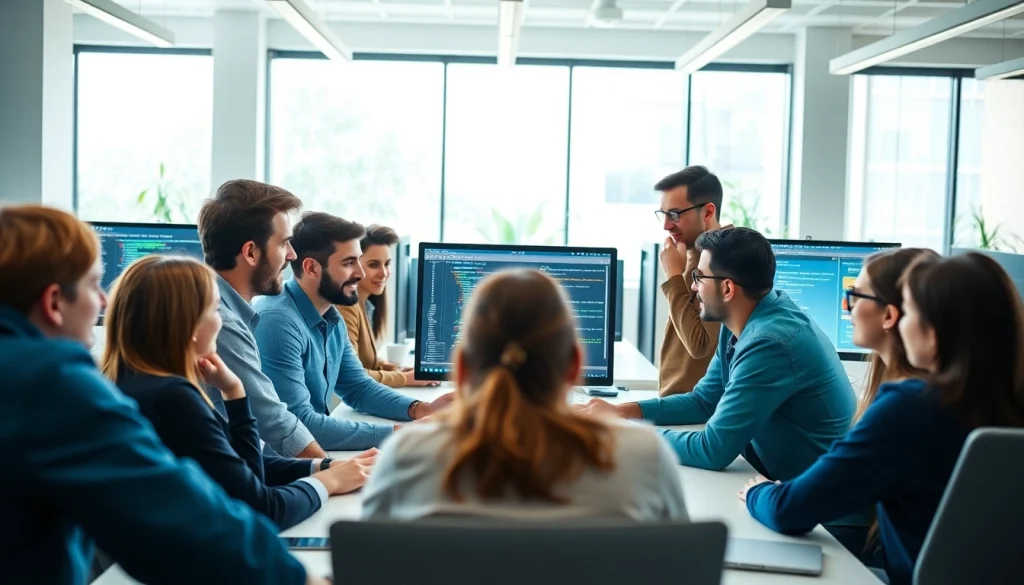 Collaborative team working on wordpress development outsourcing project in a bright office setting.