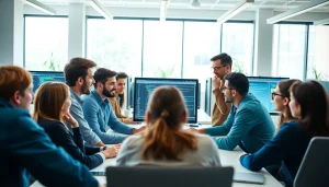 Collaborative team working on wordpress development outsourcing project in a bright office setting.