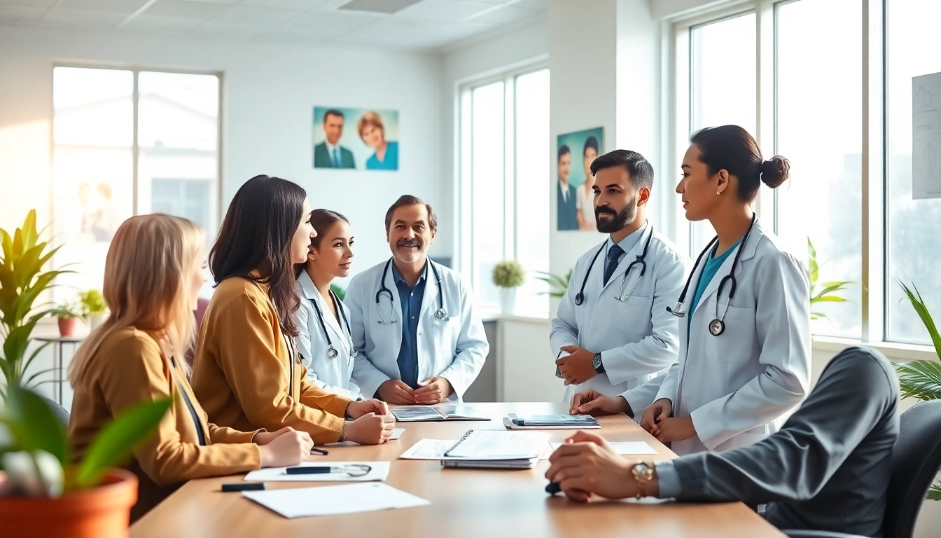 Engaging healthcare professionals discussing Health in a modern clinic setting with bright lighting.