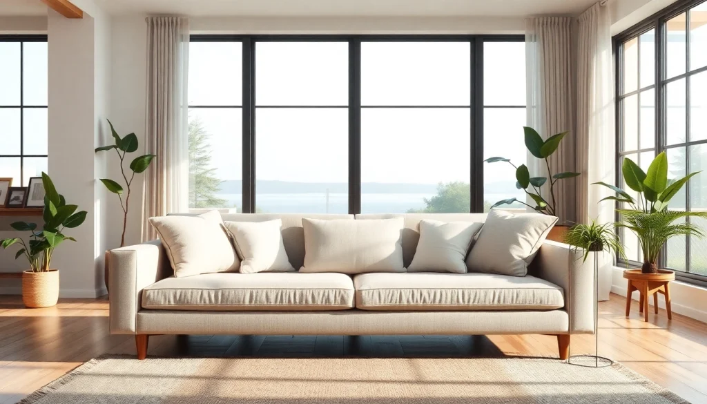 Cozy sofa beds in an inviting living room with natural light and elegant design.