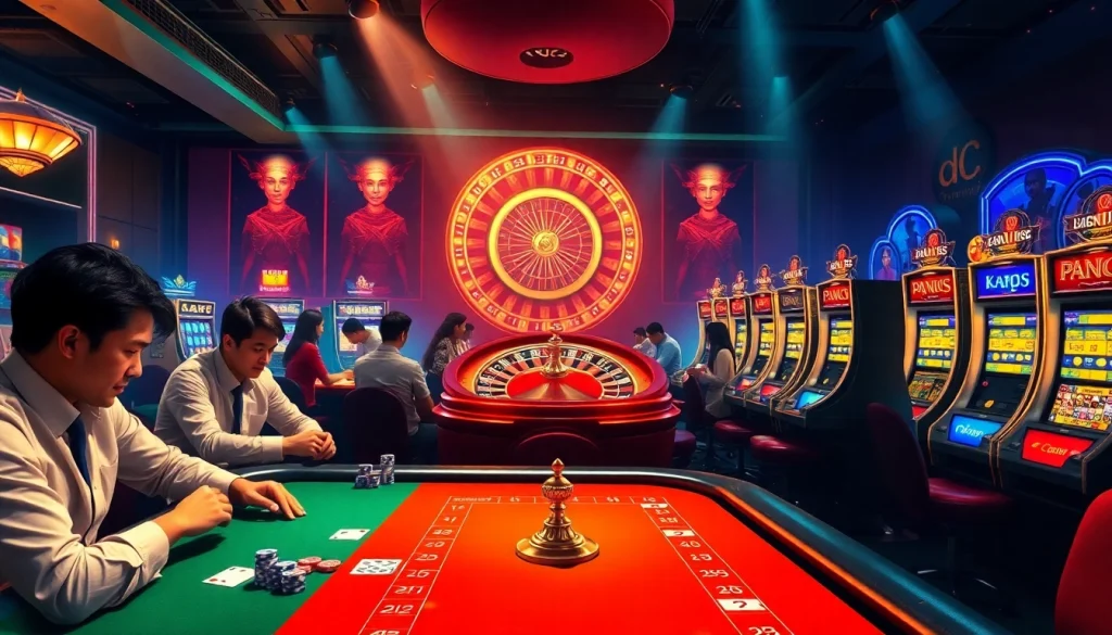 Exciting casino scene with KJC AC 3 branding, featuring poker tables, slot machines, and roulette wheels.