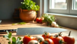 Learn how to choose a chef’s knife by examining a beautifully displayed knife with fresh vegetables.