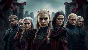 Game of Thrones cast portrait showcasing characters in a dramatic medieval setting.