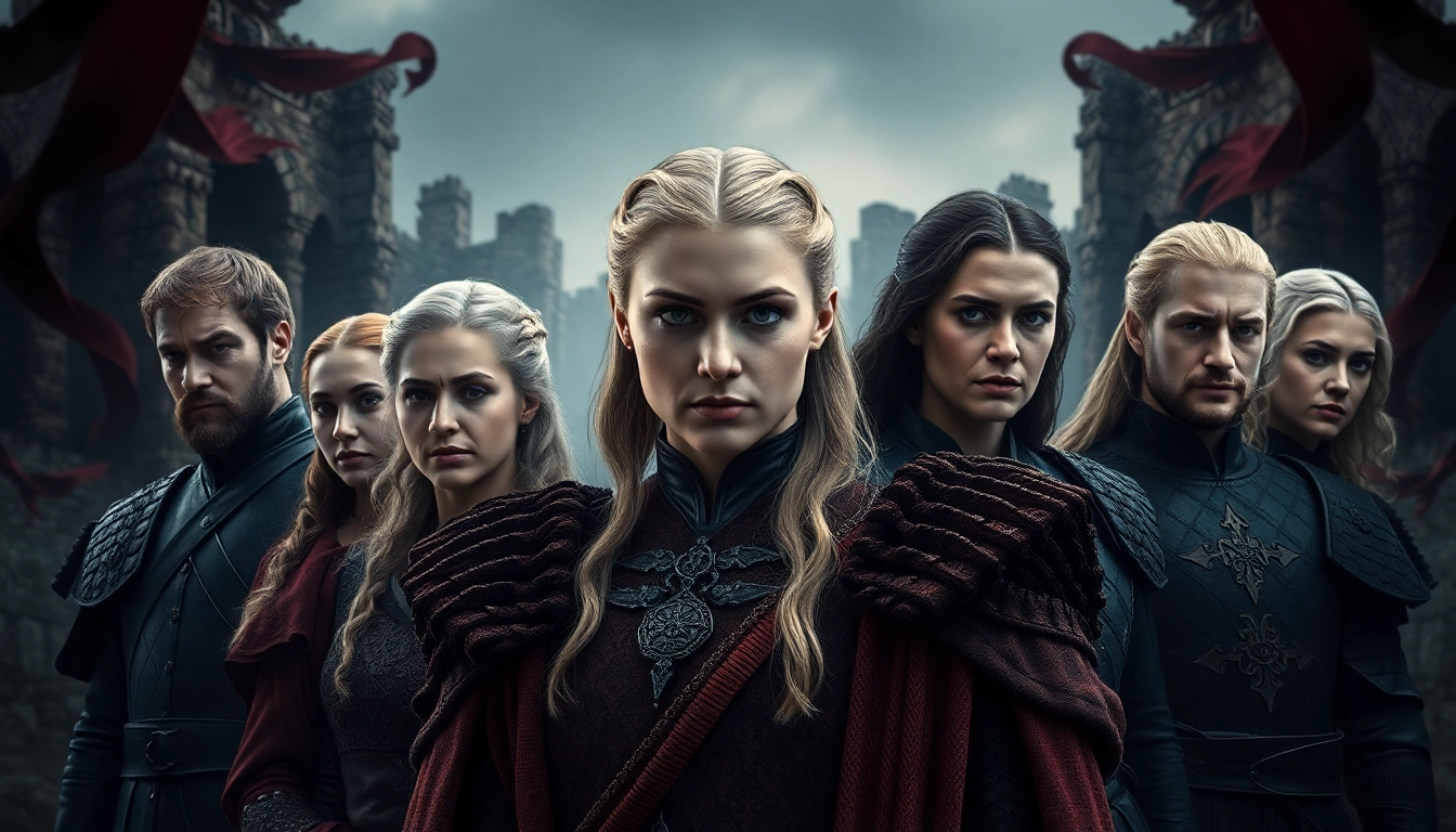 Game of Thrones cast portrait showcasing characters in a dramatic medieval setting.