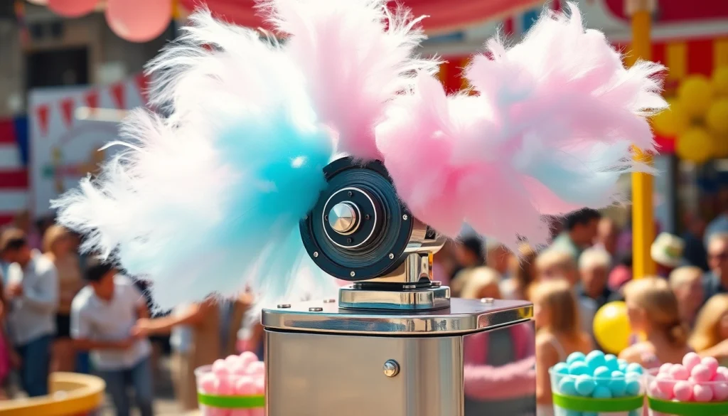 Maak wafel katoen met een kleurrijke suikerspinmachine op een vrolijk festival.