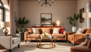 Beeld van een stijlvolle woonkamer met skai leer meubels en decor.