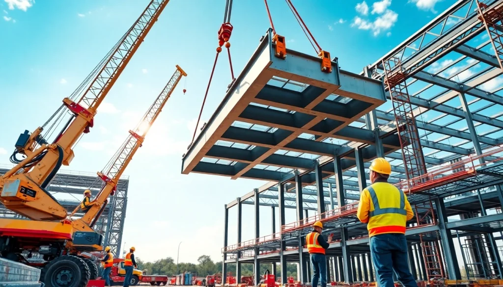 Workers executing structural steel installation on a construction site with cranes and beams.