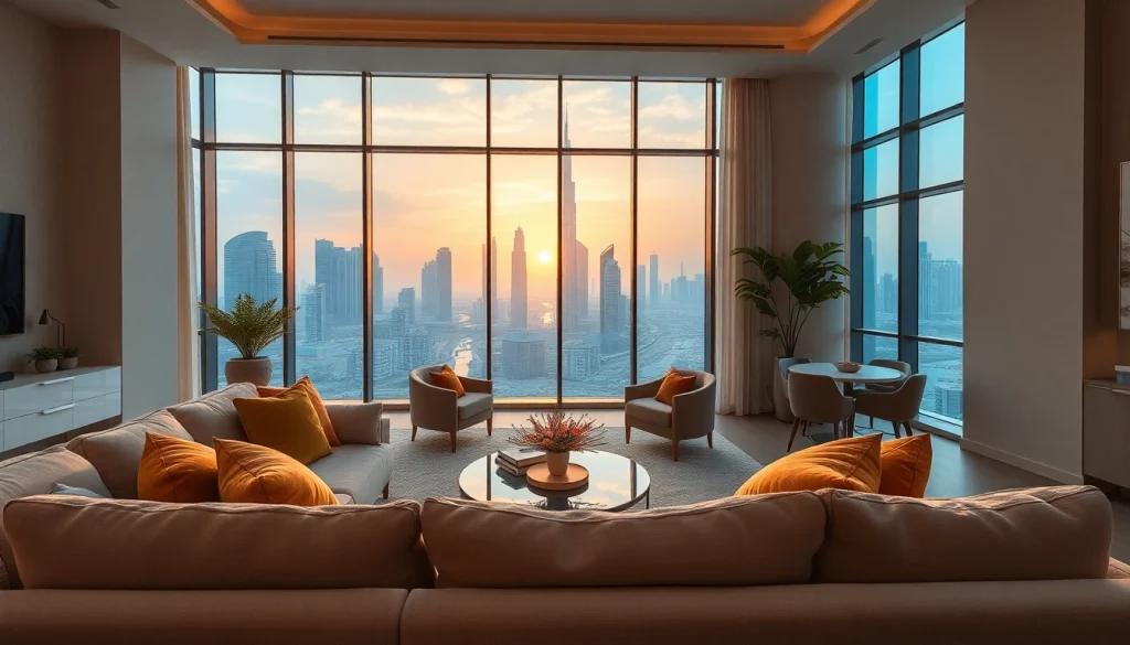 Showcasing a luxurious interior design dubai apartment with contemporary decor and a stunning skyline view.