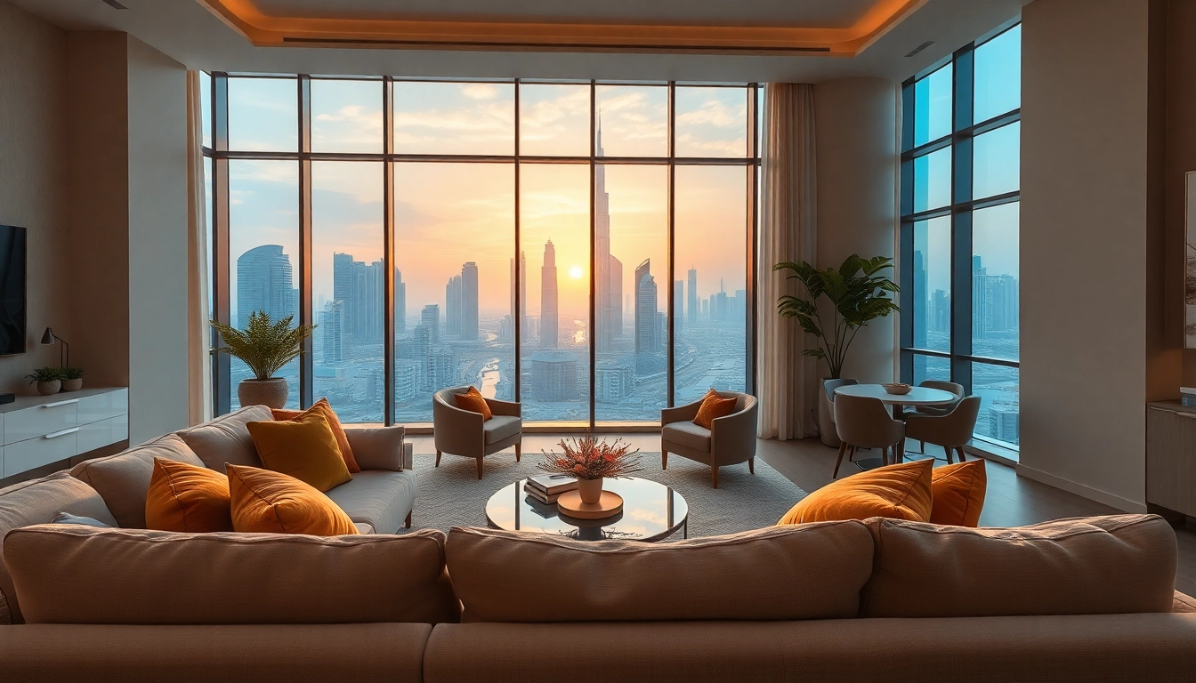 Showcasing a luxurious interior design dubai apartment with contemporary decor and a stunning skyline view.