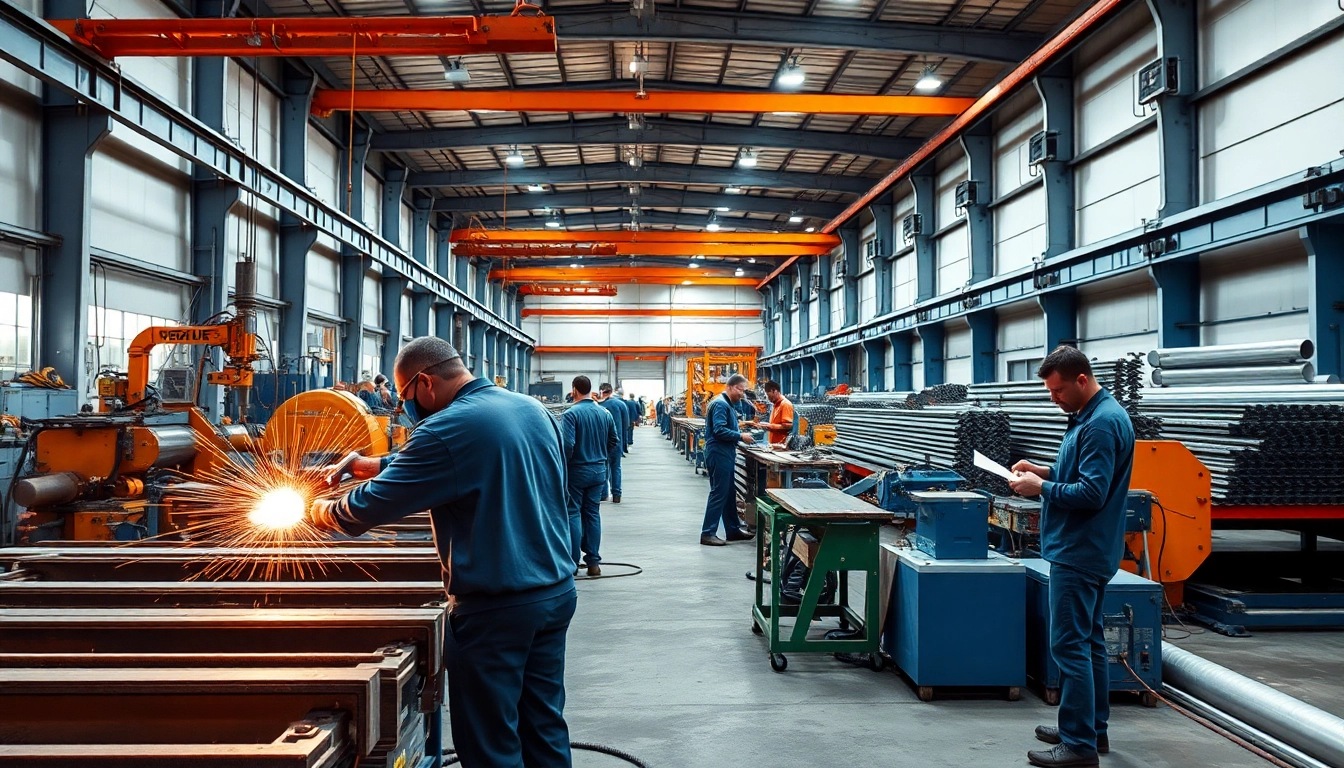Workers expertly crafting structures in a steel fabrication shop, showcasing advanced techniques and equipment.