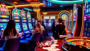 Engaged gamblers making a slot bet 100 in a vibrant casino atmosphere filled with excitement.