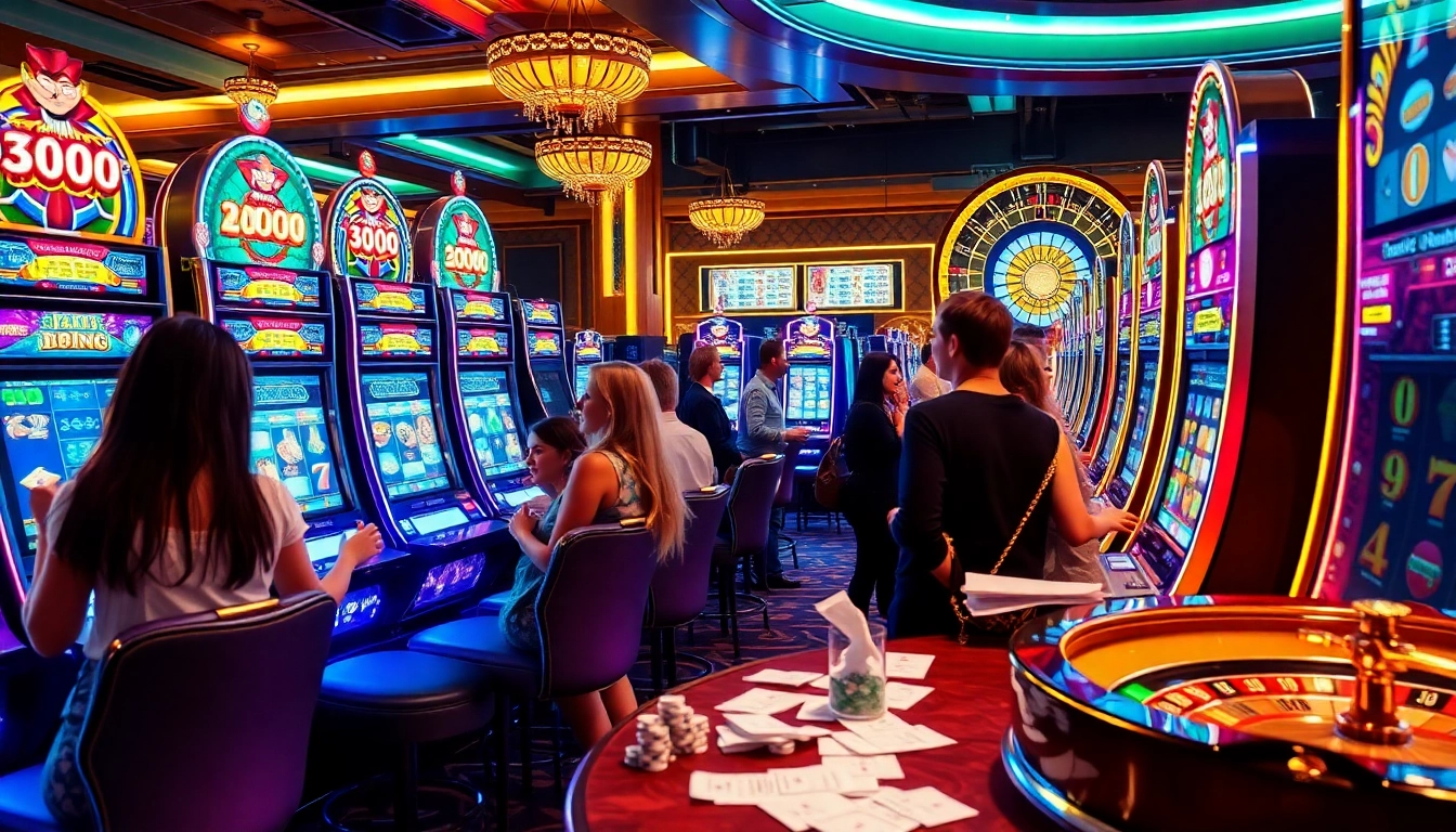 Engaged gamblers making a slot bet 100 in a vibrant casino atmosphere filled with excitement.